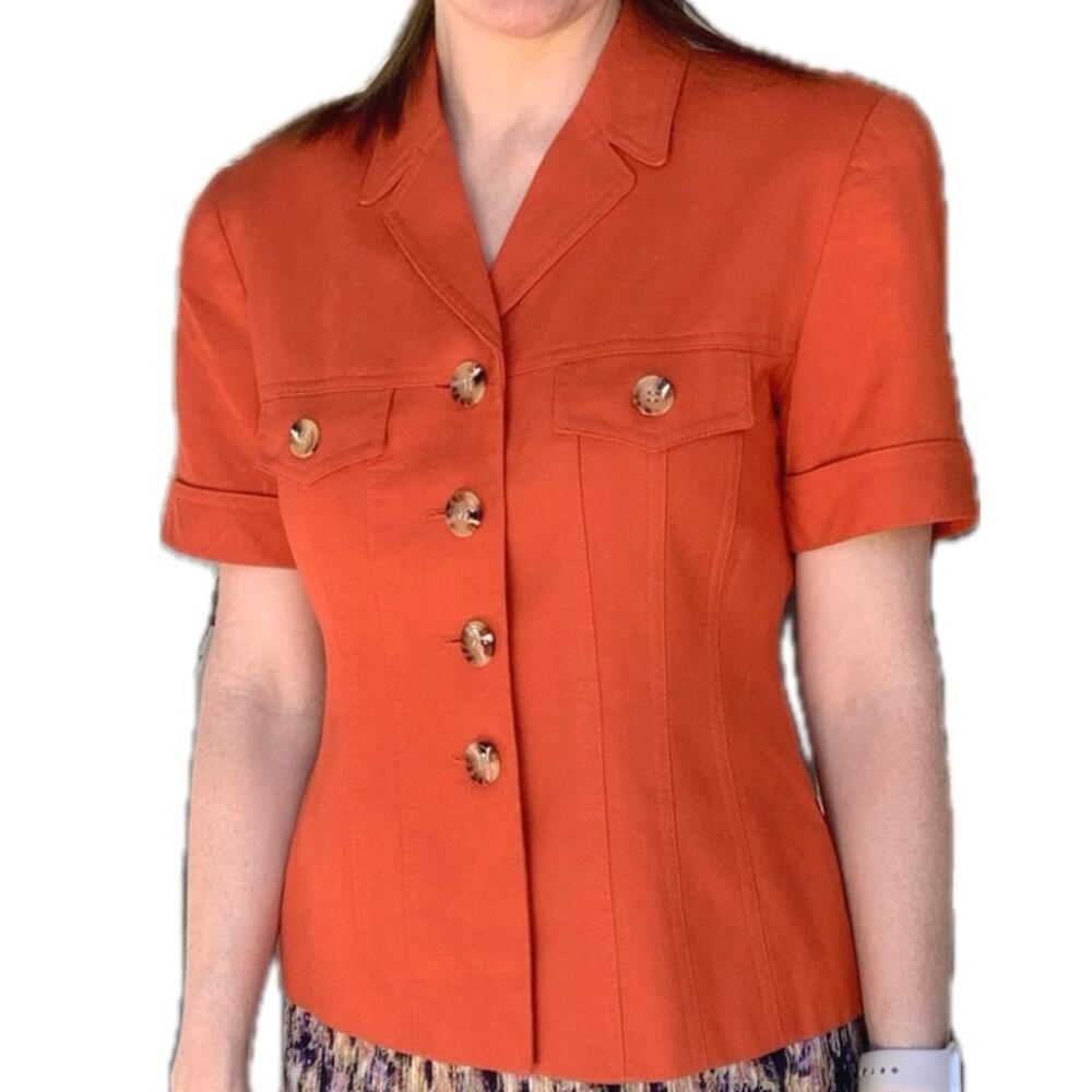 Vintage Blazer Jacket Top Structured Orange Short Sleeve Tailored Size 2 Petite